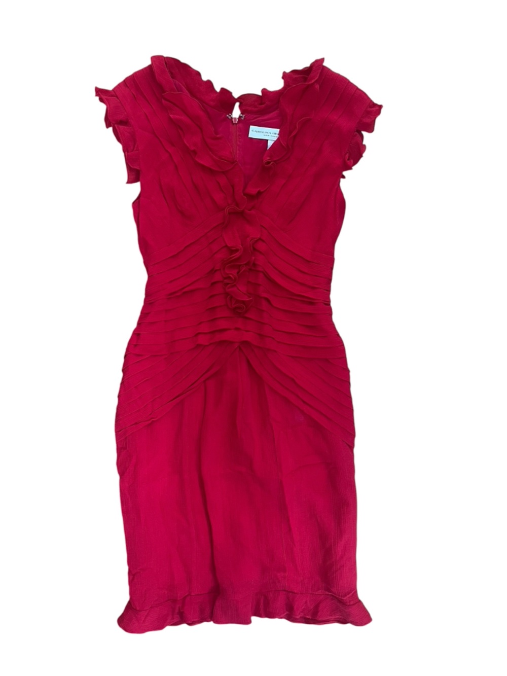 Carolina Herrera Designer Silk Chiffon Cherry Red Ruffle Flutter Midi Dress